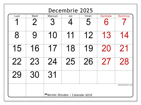 Calendrier à imprimer, decembrie 2025, 62LD