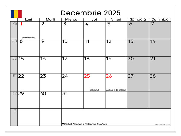 Calendario da stampare, dicembre 2025, Romania