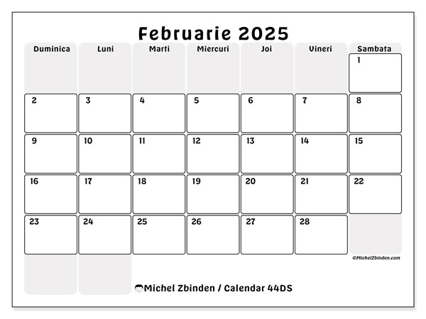 Calendar februarie 2025 “44”. Plan pentru imprimare gratuit.. Duminică până sâmbătă