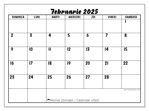 Calendar februarie 2025 “45”. Calendar pentru imprimare gratuit.. Duminică până sâmbătă