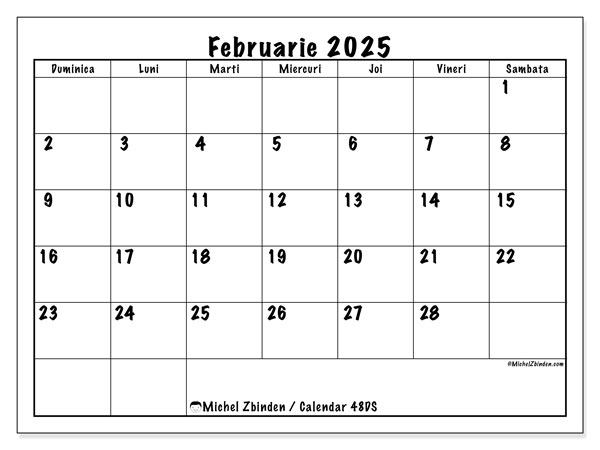Calendar februarie 2025 “48”. Jurnal imprimabil gratuit.. Duminică până sâmbătă