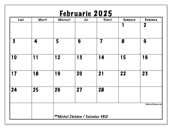 Calendar februarie 2025, 48LD. Calendar pentru imprimare gratuit.