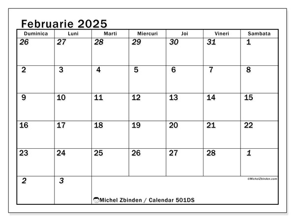 Calendar februarie 2025 “501”. Plan pentru imprimare gratuit.. Duminică până sâmbătă