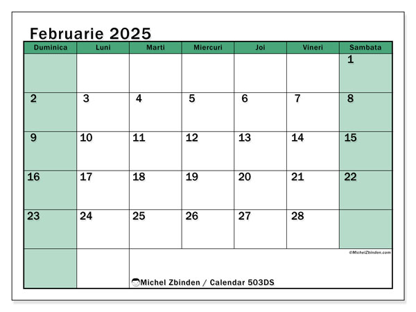 Calendar februarie 2025 “503”. Calendar pentru imprimare gratuit.. Duminică până sâmbătă