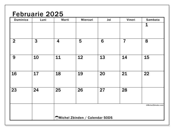 Calendar februarie 2025 “50”. Calendar pentru imprimare gratuit.. Duminică până sâmbătă