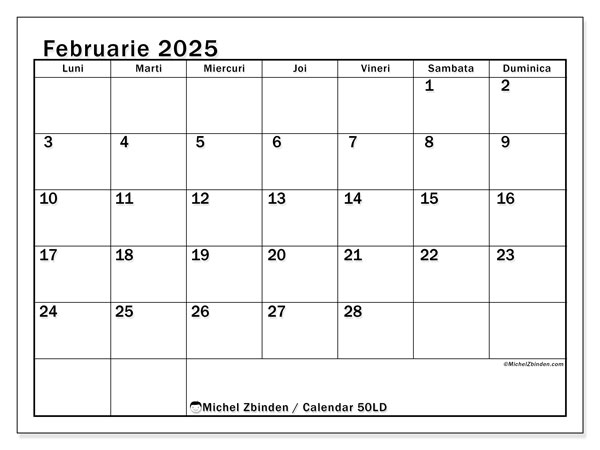 Calendar februarie 2025 “50”. Plan pentru imprimare gratuit.. Luni până duminică