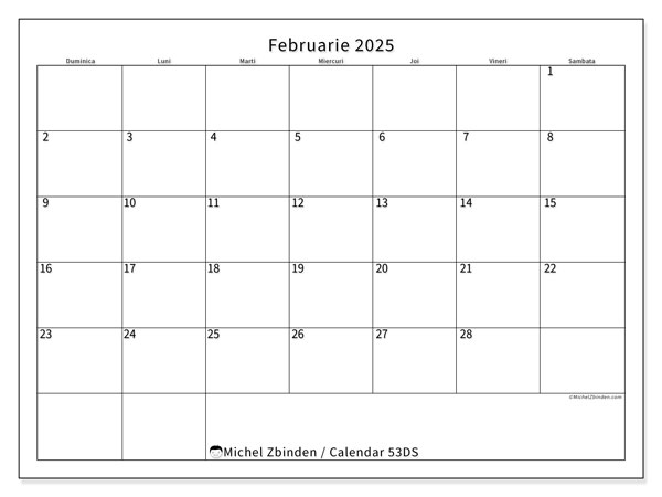Calendar februarie 2025 “53”. Calendar pentru imprimare gratuit.. Duminică până sâmbătă