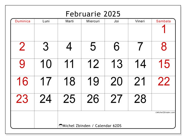 Calendar februarie 2025 “62”. Jurnal imprimabil gratuit.. Duminică până sâmbătă