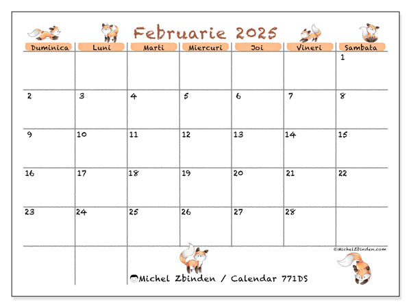 Calendar februarie 2025 “771”. Calendar pentru imprimare gratuit.. Duminică până sâmbătă