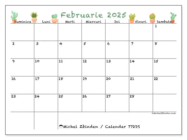 Calendar februarie 2025 “772”. Program imprimabil gratuit.. Duminică până sâmbătă