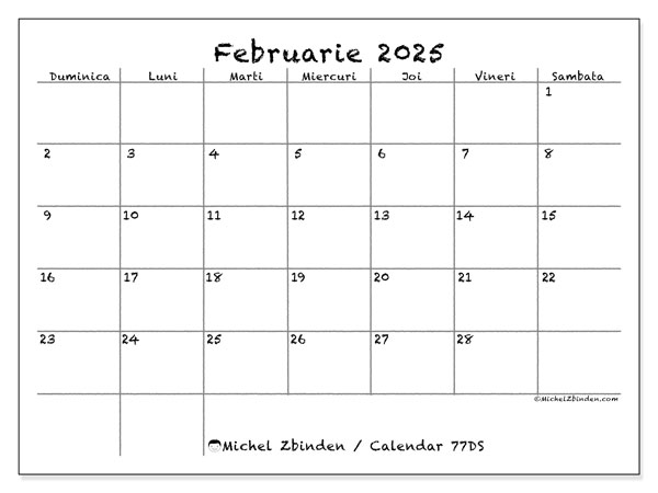 Calendar februarie 2025 “77”. Plan pentru imprimare gratuit.. Duminică până sâmbătă