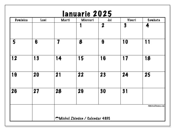 Calendar ianuarie 2025 “48”. Plan pentru imprimare gratuit.. Duminică până sâmbătă