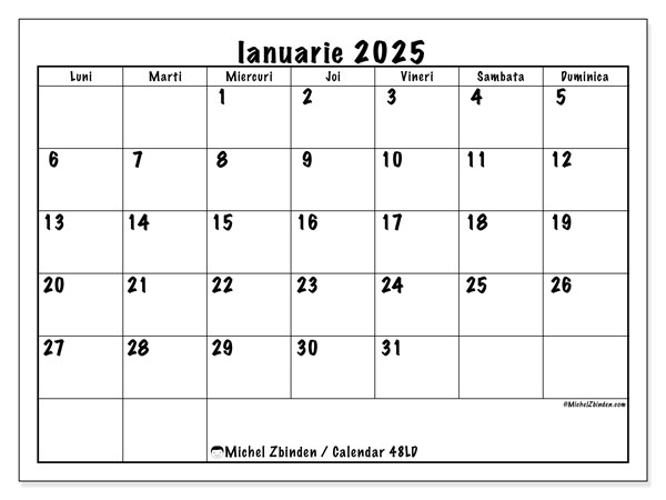 Calendar ianuarie 2025, 48LD. Program imprimabil gratuit.