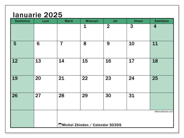 Calendar ianuarie 2025 “503”. Program imprimabil gratuit.. Duminică până sâmbătă