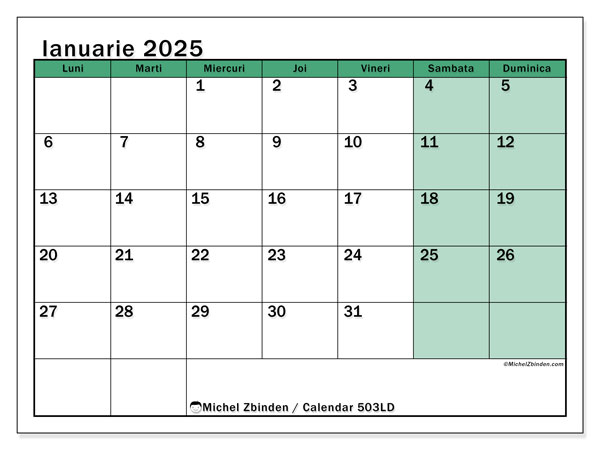 Calendar ianuarie 2025 “503”. Program imprimabil gratuit.. Luni până duminică