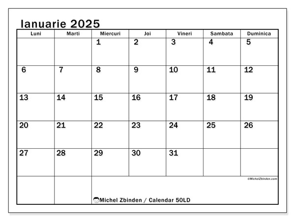 Calendar ianuarie 2025 “50”. Program imprimabil gratuit.. Luni până duminică