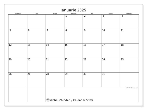 Calendar ianuarie 2025 “53”. Plan pentru imprimare gratuit.. Duminică până sâmbătă