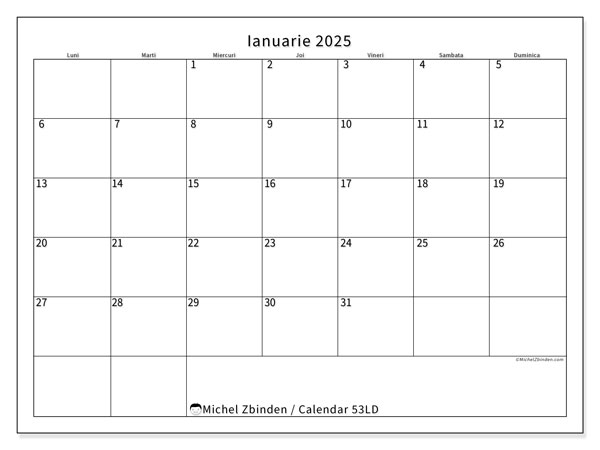 Calendar ianuarie 2025 “53”. Plan pentru imprimare gratuit.. Luni până duminică