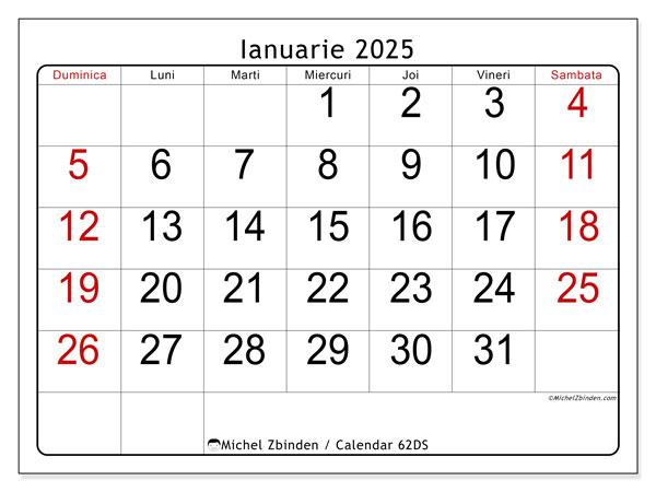 Calendar ianuarie 2025 “62”. Jurnal imprimabil gratuit.. Duminică până sâmbătă