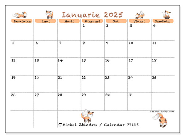 Calendar ianuarie 2025 “771”. Program imprimabil gratuit.. Duminică până sâmbătă