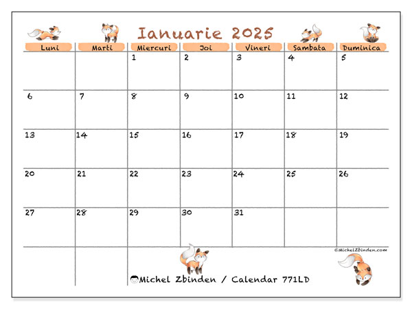 Calendar ianuarie 2025 “771”. Program imprimabil gratuit.. Luni până duminică