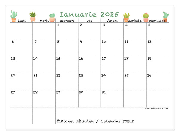 Calendar ianuarie 2025 “772”. Plan pentru imprimare gratuit.. Luni până duminică