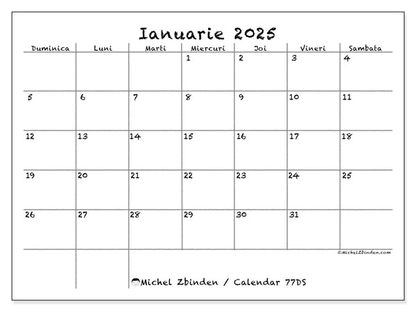 Calendar ianuarie 2025 “77”. Program imprimabil gratuit.. Duminică până sâmbătă