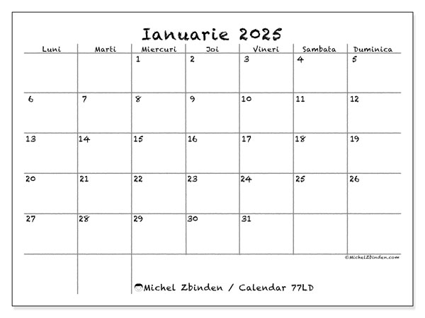Calendar ianuarie 2025 “77”. Program imprimabil gratuit.. Luni până duminică