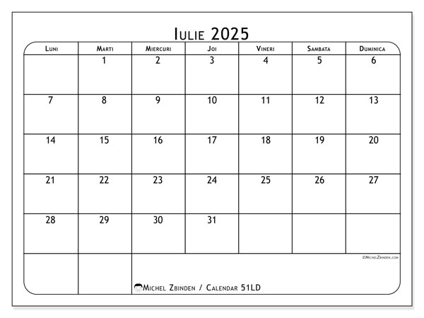 Calendrier à imprimer, iulie 2025, 51LD