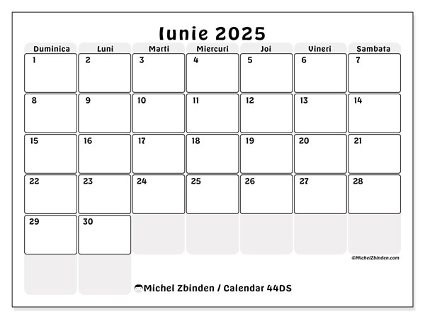 Calendar iunie 2025 “44”. Calendar pentru imprimare gratuit.. Duminică până sâmbătă