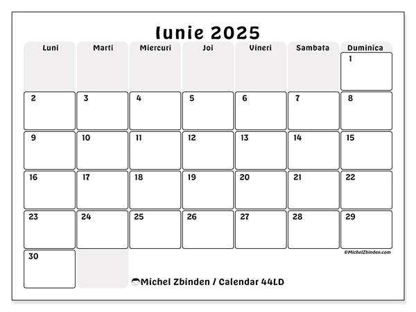 Calendar iunie 2025 “44”. Calendar pentru imprimare gratuit.. Luni până duminică
