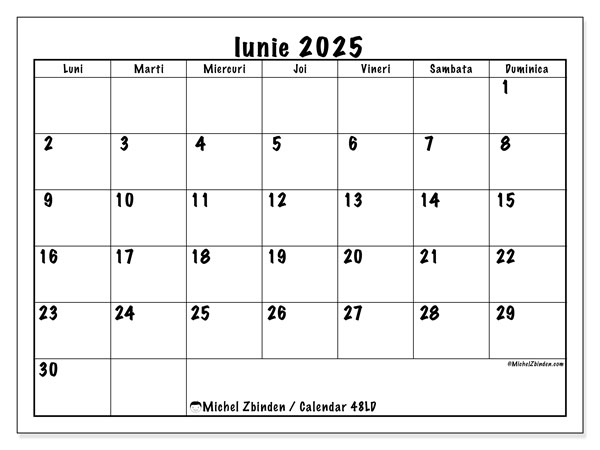 Calendrier à imprimer, iunie 2025, 48LD