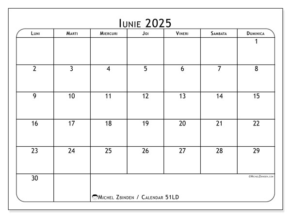 Calendrier à imprimer, iunie 2025, 51LD