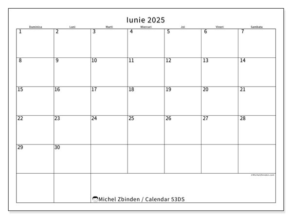Calendar iunie 2025 “53”. Program imprimabil gratuit.. Duminică până sâmbătă