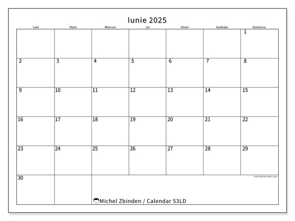 Calendar iunie 2025 “53”. Program imprimabil gratuit.. Luni până duminică