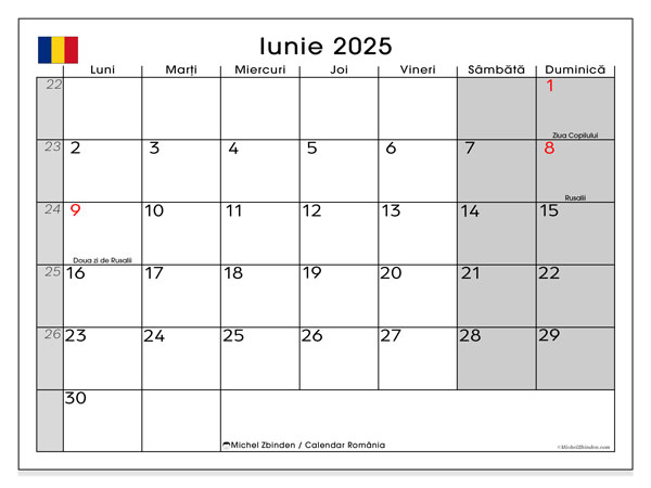 Kalendarz do druku, czerwiec 2025, Rumunia