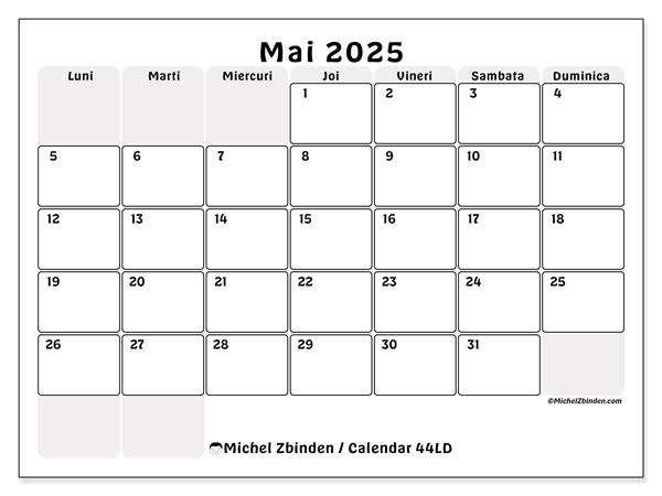Calendar mai 2025 “44”. Plan pentru imprimare gratuit.. Luni până duminică