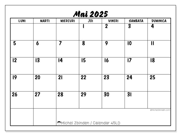 Calendrier à imprimer, mai 2025, 45LD