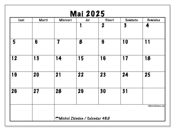 Calendrier à imprimer, mai 2025, 48LD