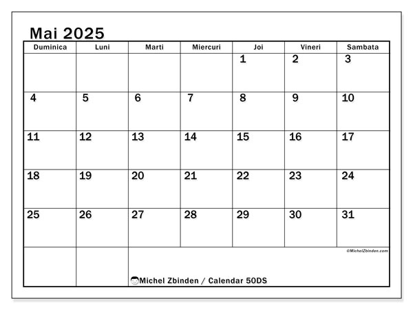 Calendar mai 2025 “50”. Plan pentru imprimare gratuit.. Duminică până sâmbătă