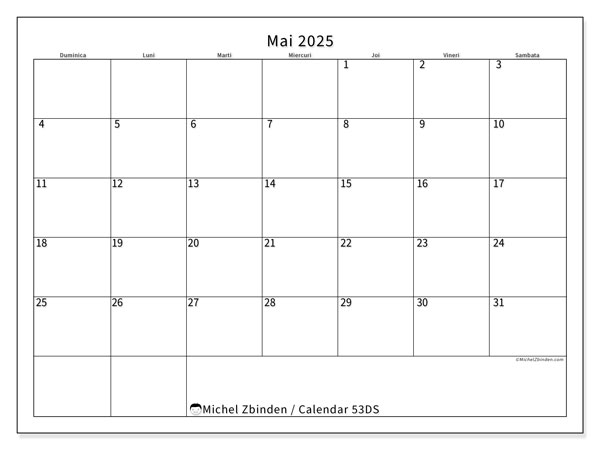 Calendar mai 2025 “53”. Program imprimabil gratuit.. Duminică până sâmbătă