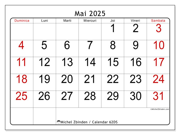 Calendrier à imprimer, mai 2025, 62DS