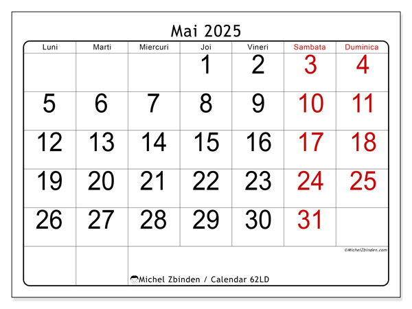 Calendrier à imprimer, mai 2025, 62LD