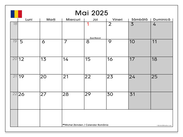 Kalender zum Ausdrucken, Mai 2025, Rumänien