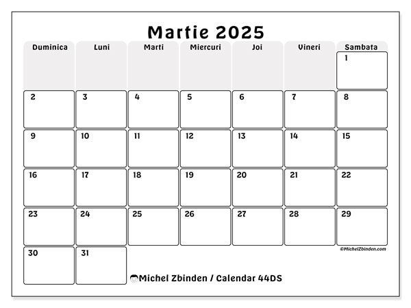 Calendar martie 2025 “44”. Plan pentru imprimare gratuit.. Duminică până sâmbătă