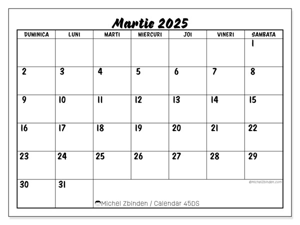 Calendar martie 2025 “45”. Plan pentru imprimare gratuit.. Duminică până sâmbătă