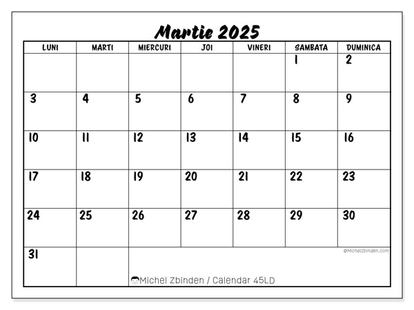 Calendar martie 2025 “45”. Plan pentru imprimare gratuit.. Luni până duminică