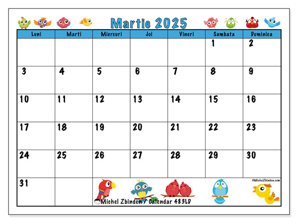 Calendar martie 2025, 483LD. Calendar pentru imprimare gratuit.