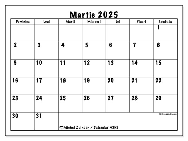 Calendar martie 2025 “48”. Program imprimabil gratuit.. Duminică până sâmbătă