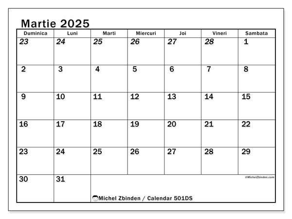 Calendar martie 2025 “501”. Program imprimabil gratuit.. Duminică până sâmbătă